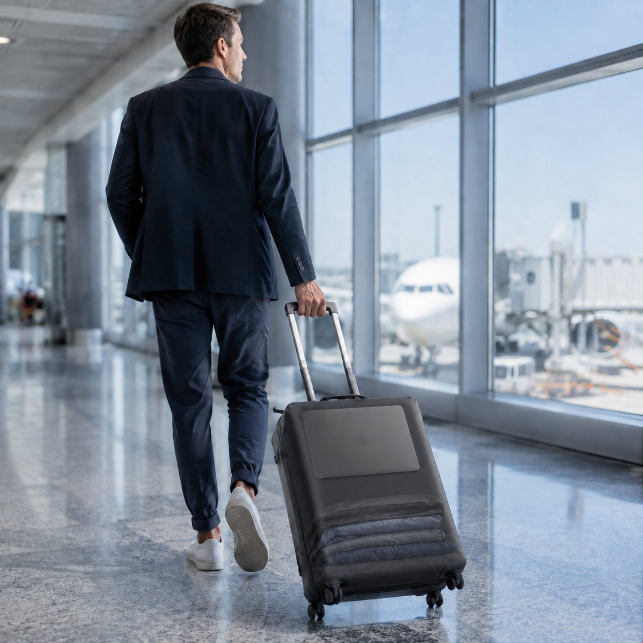 Business traveler pulling a carry-on with a transparent view of compressed clothing inside