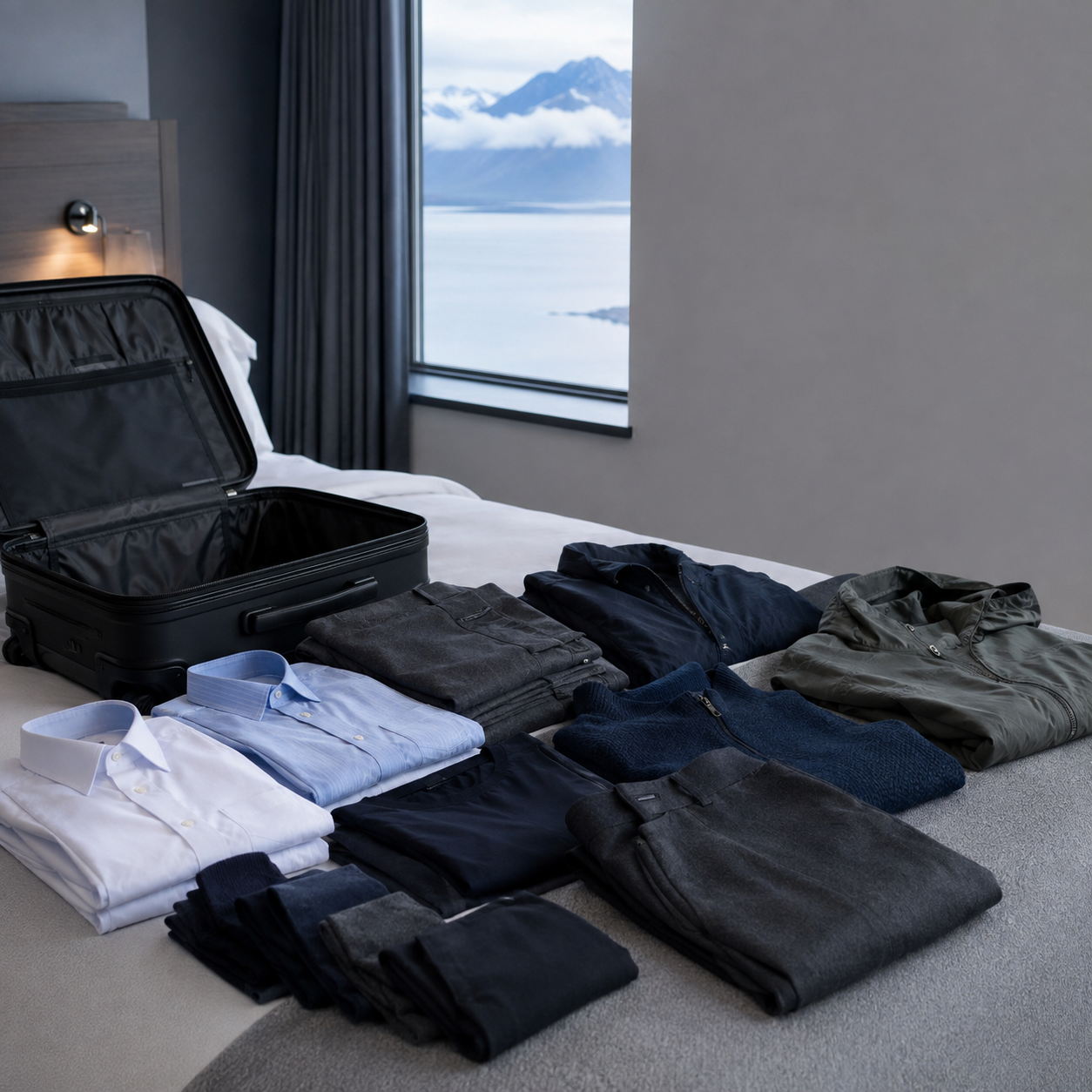 Business travel clothing arranged beside an open carry-on suitcase
