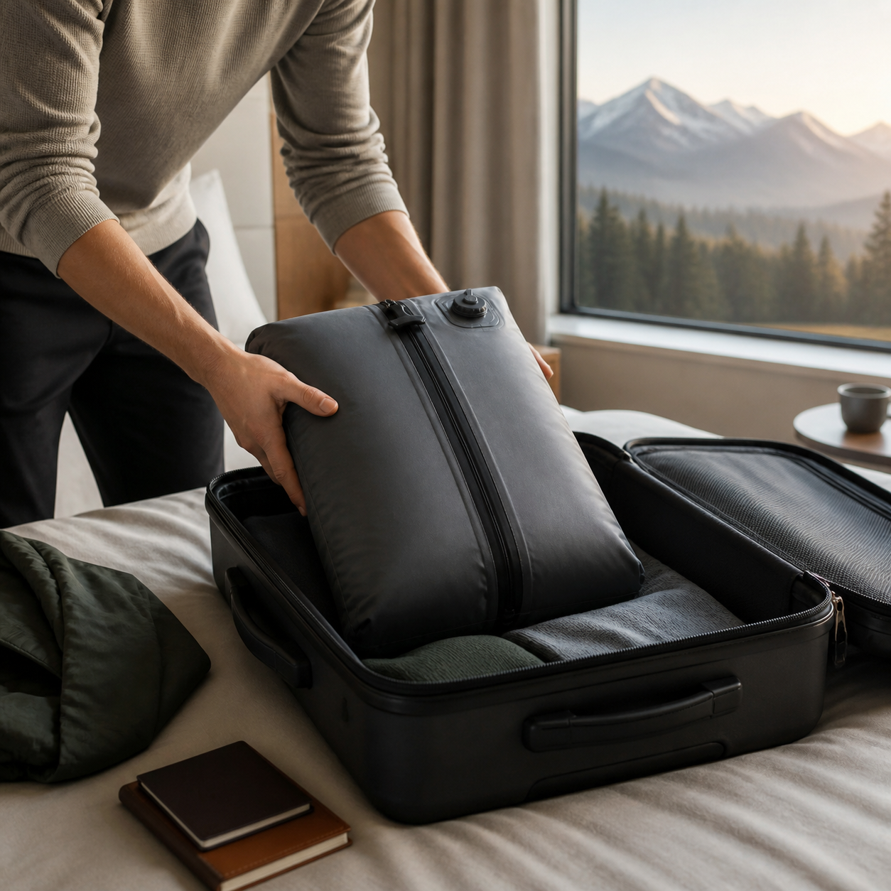 KORVA vacuum compression travel bag being placed into a suitcase